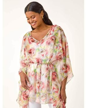 Roman Floral Print Kimono Tunic Top - Pink