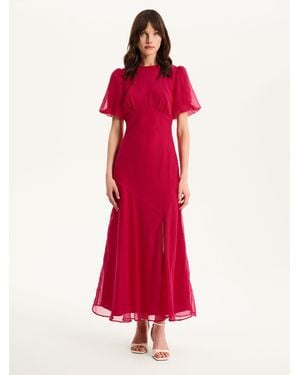 OMNES Nola Chiffon Puff Sleeve Side Slit Maxi Dress - Red