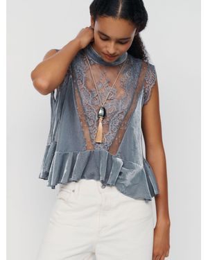 Anthropologie Harmony Velvet Lace Peplum Blouse - Blue