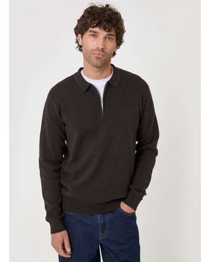 Threadbare Cotton Rich Quarter Zip Long Sleeve Polo Shirt - Gray