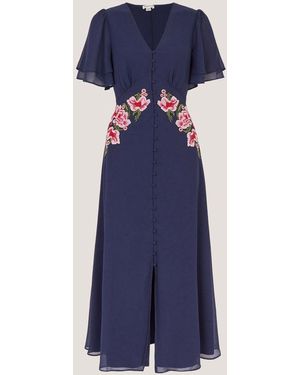 Monsoon Coraline V-Neck Floral Embroidered Short Sleeve Midi Dress - Blue