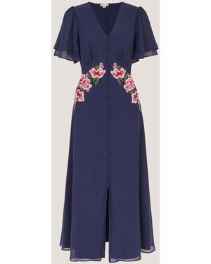 Monsoon Coraline V-Neck Floral Embroidered Short Sleeve Midi Dress - Blue