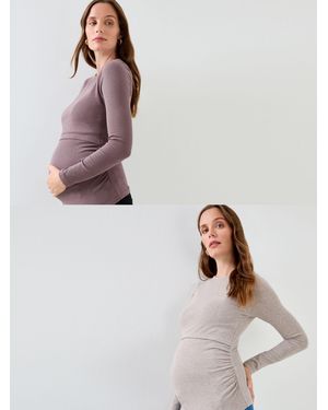 Jojo Maman Bébé Marl 2 Pack Long Sleeve Ribbed Crew Neck Nursing Top - White
