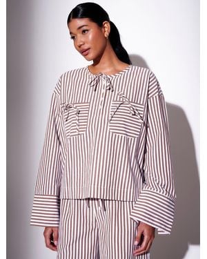 South Beach Stripe Long Sleeve Tie Front Shirt With Pockets - Brown