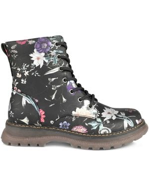 Pavers Floral Pattern Lace Up Ankle Boots - Black