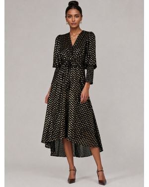 Jolie Moi Puff Sleeve Metalic Spot Print Dip Hem Maxi Dress - Black