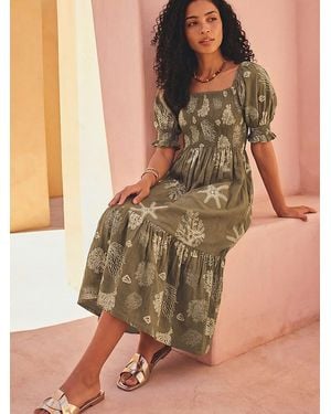 Roman Coral Print Shirred Midi Dress - Green