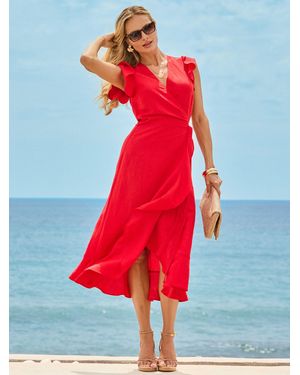 Sosandar Linen Blend Ruffle Hem Wrap Dress - Red