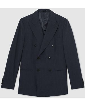 Reiss Tailored Fit Double-Breasted Check Suit Blazer Wool-Blend - Blue