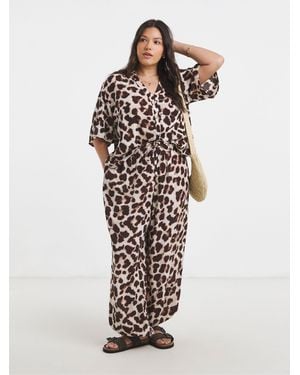 Simply Be Leopard Print Oversized Tie Waist Crinkle Wide Leg Pants - White