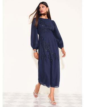 Friends Like These Petite Floral Embellished Chiffon Long Sleeve Midi Dress - Blue