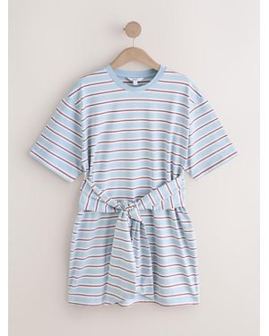Next 100% Cotton Tie Waist Jersey T-Shirt Mini Dress - Blue