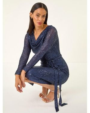 Roman Sequin Cowl Neck Stretch Dress - Blue