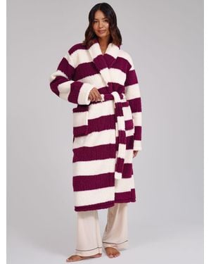 Loungeable Plum/Cream Stripe Cosy Borg Fleece Midi Shawl Dressing Gown - White
