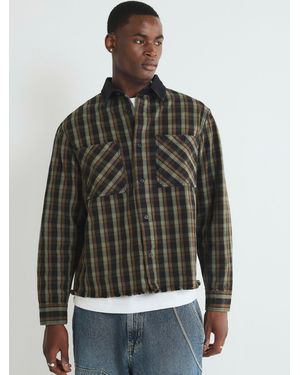 River Island Oversized Fit Contrast Collar Check Over Shirt - Gray