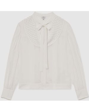 Reiss Georgette Tie-Neck Beaded Blouse - White