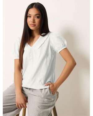 M Com Petite Short Sleeve Frill Detail Top - White