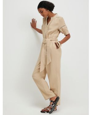 River Island Puff Sleeve Textured Belted Jumpsuit - Natural