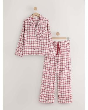 Next Cream Check Flannel Button Through Pajamas - Pink