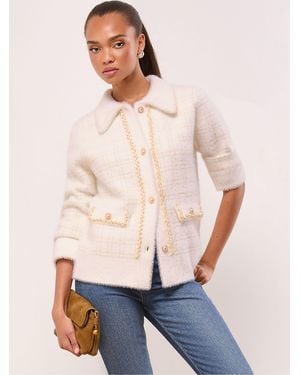 Lipsy Check Brushed Eyelash Collared Knitted Cardigan Jacket - Natural