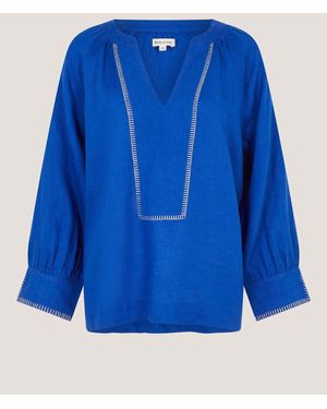 Monsoon Frida V-Neck Linen Long Sleeve Blouse With Contrast Stitching - Blue