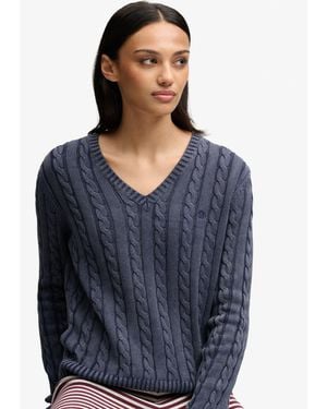 Superdry Washed V-Neck Cable Sweater - Blue