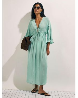 River Island Short Sleeve Mirror Embroidered Maxi Dress - Green