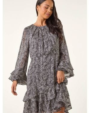 Roman Petite Abstract Print Frill Dress - Brown
