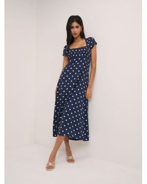 Nobody's Child Nobodys Child And Cream Polka Dot Charlotte Square Neck Short Sleeve Midi Dress - Blue