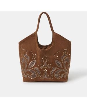 Accessorize Stud Embroidered Suede Tote Bag - Brown