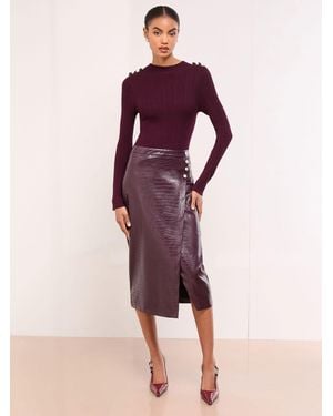 Lipsy Petite Faux Leather 2-In-1 Crew Neck Long Sleeve Knitted Midi Dress - Purple
