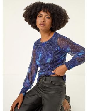 Roman Printed Stud Mesh Stretch Tunic Top - Blue