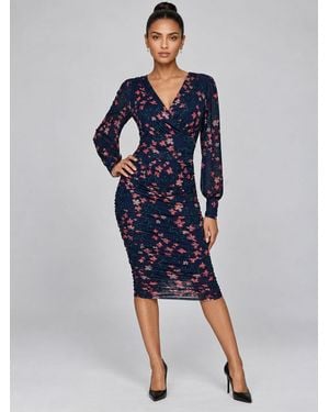 Jolie Moi Dark Floral Mesh Bodycon Midi Dress - Blue