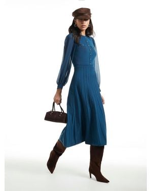 River Island Long Sleeve Chiffon Pointelle Dress - Blue