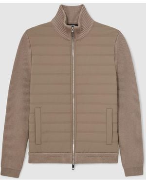 Reiss Taupe Townsend Quilted Rib-Knit Funnel-Neck Jacket - Brown