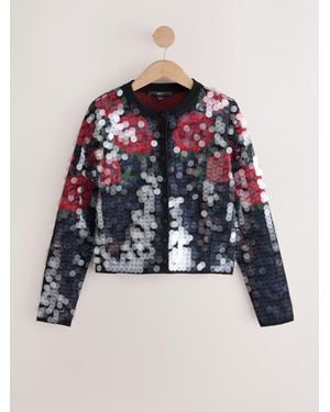 Next Sequin Floral Supersoft Crew Neck Long Sleeve Cardigan - Blue