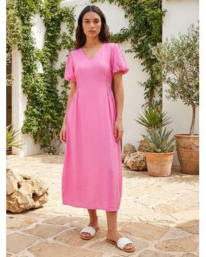 Roman Balloon Sleeve Midi Dress - Pink