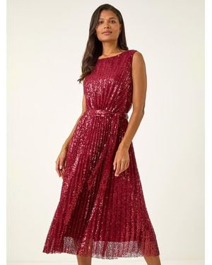 Roman Sequin Detail Pleated Midi Dress - Red