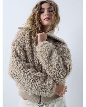 Next Neutral Faux Fur Curly Zip Through Jacket - Brown