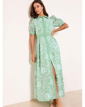 Lipsy Premium Belted Puff Sleeve Embroidery Shirt Midi Dress in Blue | Lyst