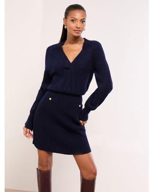 Lipsy Petite Knitted With Wool V-Neck Blouson Buttoned Mini Dress - Blue
