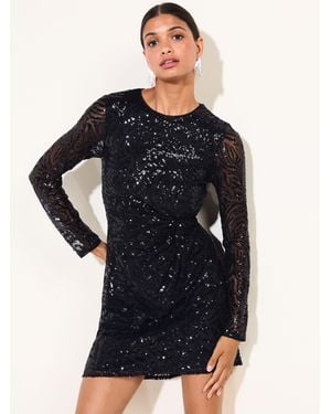 Friends Like These Long Sleeve Sequin Knot Detail Mini Dress - Black