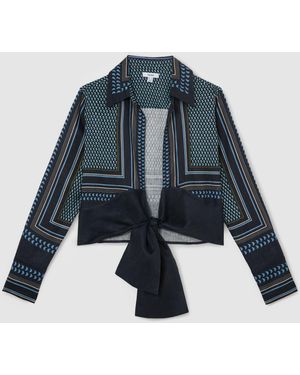 Reiss Jackson - Navy/ivory Linen Scarf-print Tie-front Shirt, Us 14 - Blue