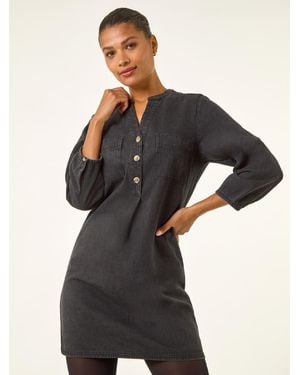 Roman Cotton Denim Button Shift Dress - Black