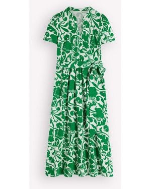 knee length dresses for ladies Ava Linen Blend Midi Dress-Blue Tropical Safari Placement