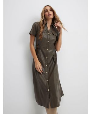 River Island Faux Leather Button Midi Shirt Dress - Green