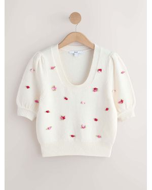 Next 3D Flower Puff Sleeve Knitted Top - Natural