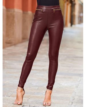 Sosandar Leather Look Premium Leggings With Zip Detail - Red