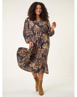 Roman Curve Floral Print Midi Dress - Natural