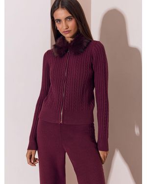 Lipsy Burgundy Faux Fur Trim Knitted Zip Up Hoodie - Purple